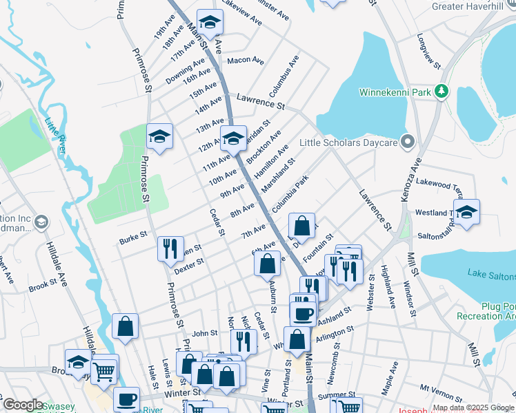 map of restaurants, bars, coffee shops, grocery stores, and more near 448 Main Street in Haverhill
