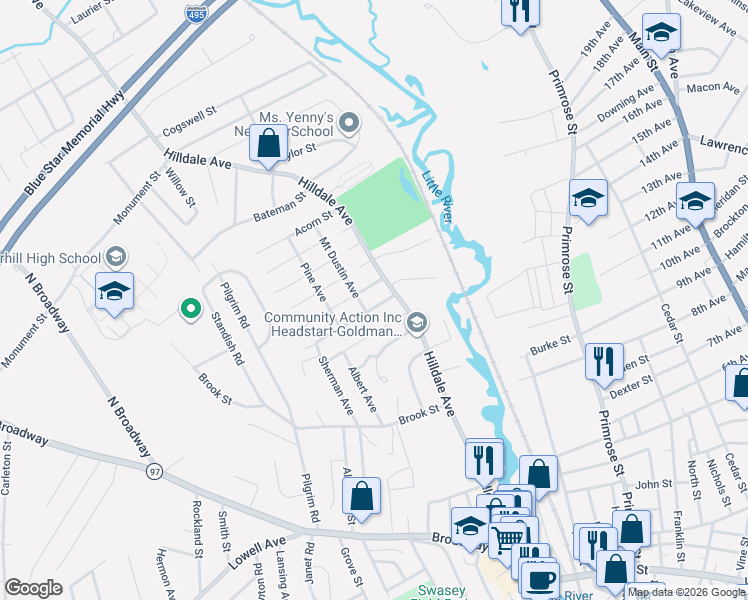map of restaurants, bars, coffee shops, grocery stores, and more near 12 Willie Street in Haverhill