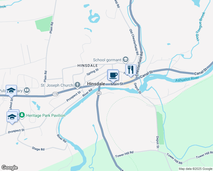 map of restaurants, bars, coffee shops, grocery stores, and more near 72 Main Street in Hinsdale