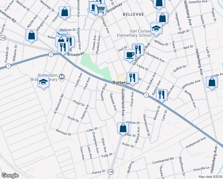 map of restaurants, bars, coffee shops, grocery stores, and more near 12 Lawndale Avenue in Rotterdam