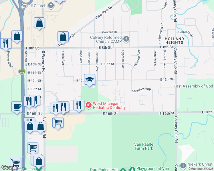 map of restaurants, bars, coffee shops, grocery stores, and more near 278 Calvin Avenue in Holland