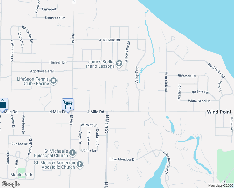 map of restaurants, bars, coffee shops, grocery stores, and more near 5108 Birch Creek Lane in Racine