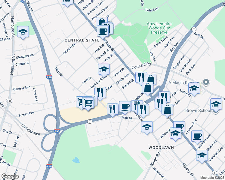 map of restaurants, bars, coffee shops, grocery stores, and more near 2400 Albany Street in Schenectady