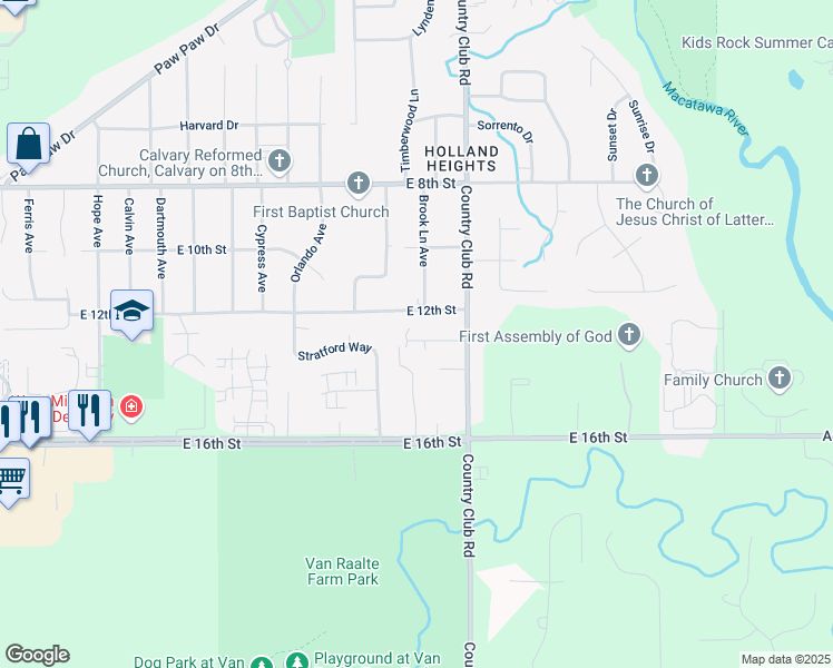 map of restaurants, bars, coffee shops, grocery stores, and more near 1125 Country Lane in Holland