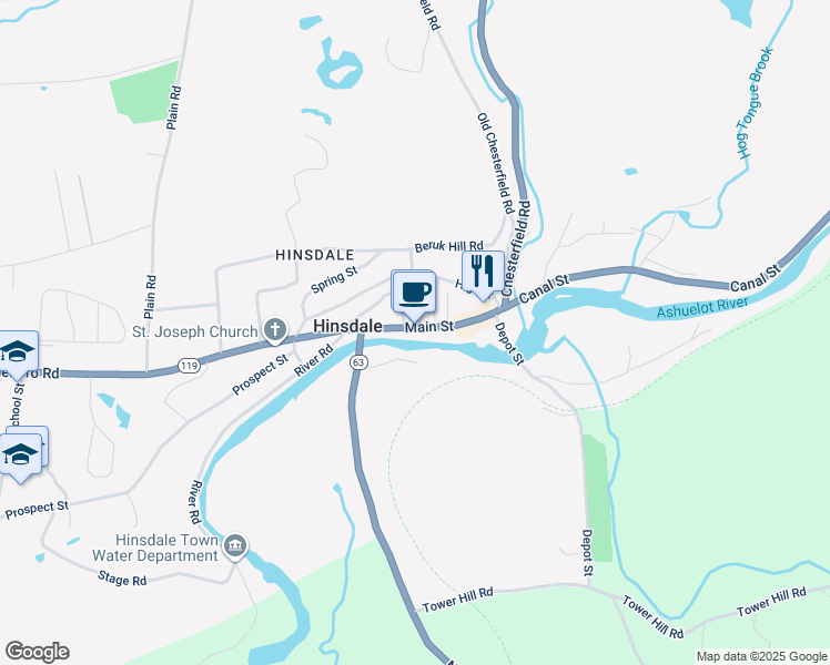 map of restaurants, bars, coffee shops, grocery stores, and more near 27 Main Street in Hinsdale