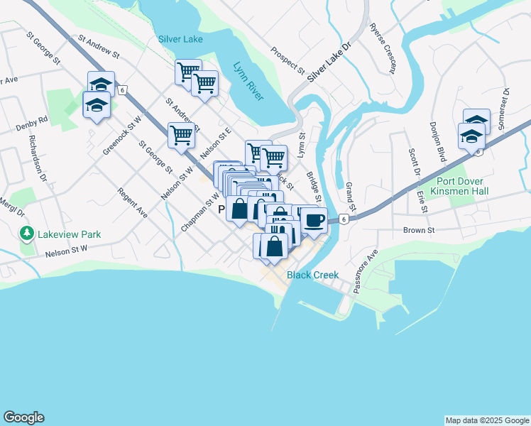 map of restaurants, bars, coffee shops, grocery stores, and more near 218 Main Street in Port Dover