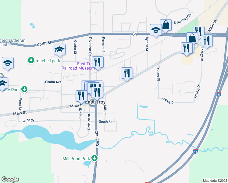 map of restaurants, bars, coffee shops, grocery stores, and more near 2809 Main Street in East Troy