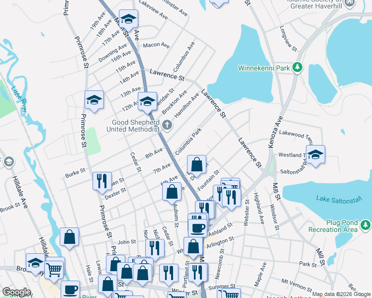 map of restaurants, bars, coffee shops, grocery stores, and more near 8 Columbia Place in Haverhill