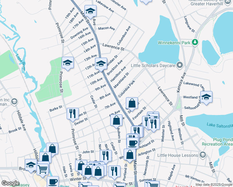 map of restaurants, bars, coffee shops, grocery stores, and more near 448 Main Street in Haverhill