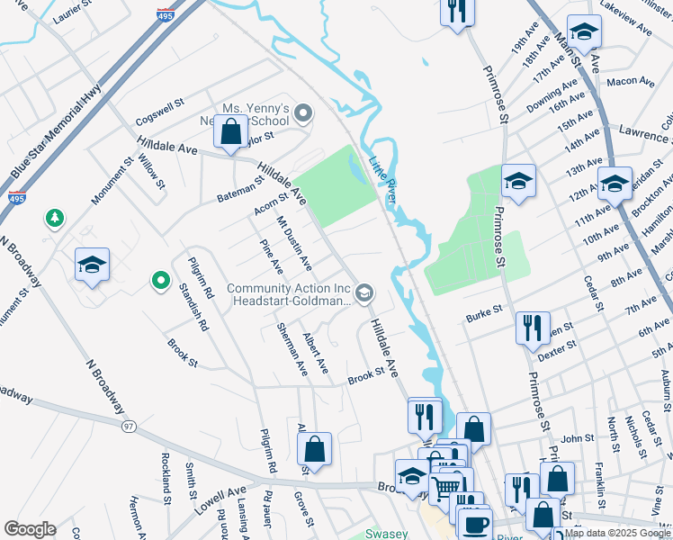 map of restaurants, bars, coffee shops, grocery stores, and more near 12 Willie Street in Haverhill