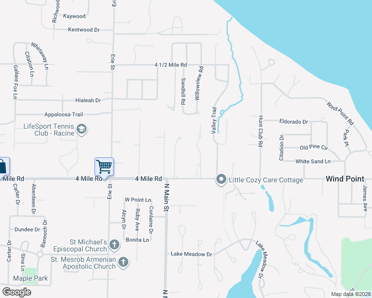 map of restaurants, bars, coffee shops, grocery stores, and more near 5108 Birch Creek Lane in Racine