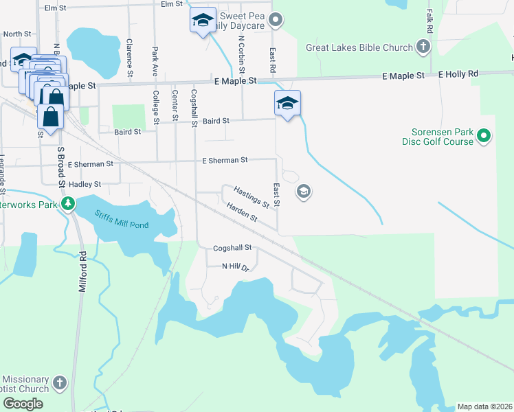 map of restaurants, bars, coffee shops, grocery stores, and more near 427 Harden Street in Holly