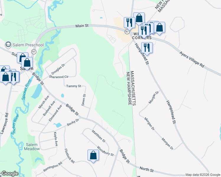 map of restaurants, bars, coffee shops, grocery stores, and more near 42 Stanwood Road in Salem