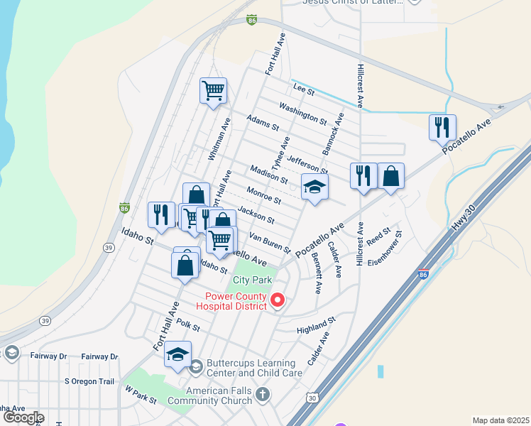 map of restaurants, bars, coffee shops, grocery stores, and more near 315 Jackson Street in American Falls