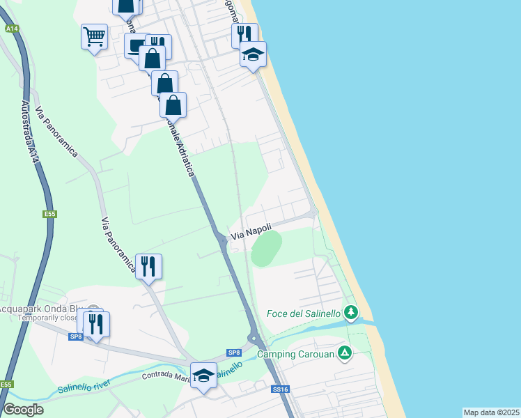 map of restaurants, bars, coffee shops, grocery stores, and more near 29 Via Torino in Tortoreto Lido