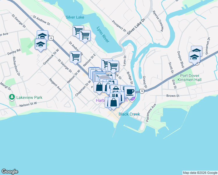map of restaurants, bars, coffee shops, grocery stores, and more near Park Street in Port Dover