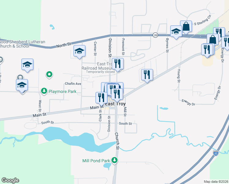 map of restaurants, bars, coffee shops, grocery stores, and more near in East Troy