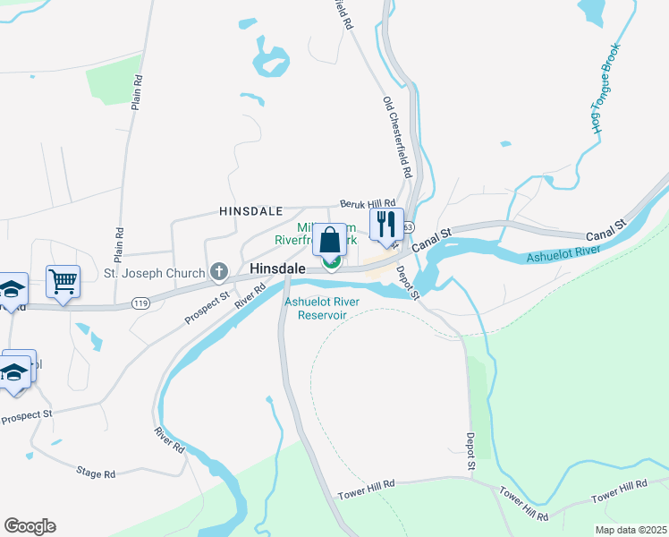 map of restaurants, bars, coffee shops, grocery stores, and more near 27 Main Street in Hinsdale