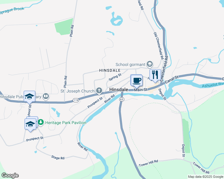 map of restaurants, bars, coffee shops, grocery stores, and more near 10 River Road in Hinsdale