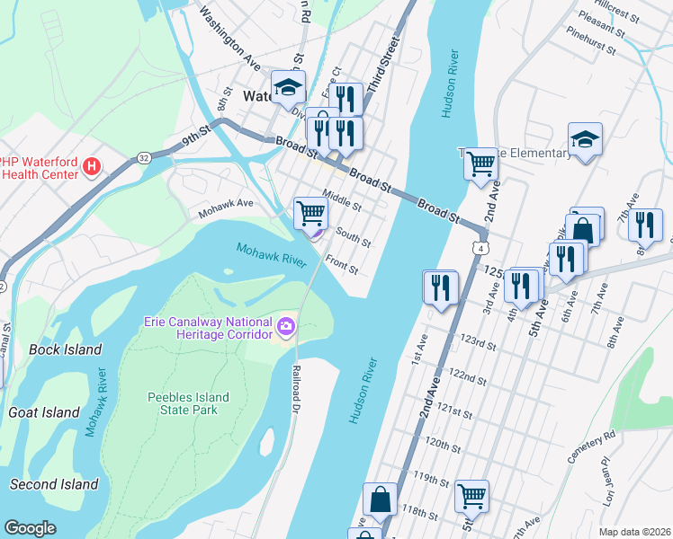 map of restaurants, bars, coffee shops, grocery stores, and more near 26 28 30 Front Street in Waterford