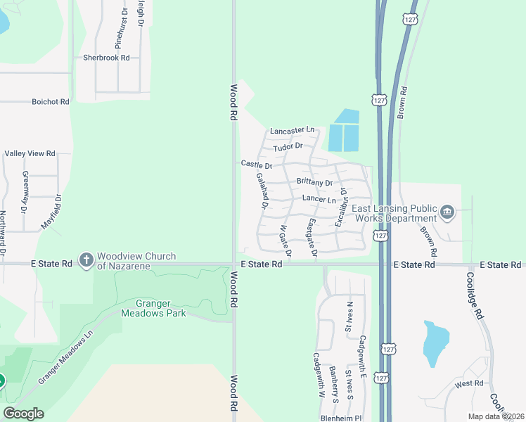 map of restaurants, bars, coffee shops, grocery stores, and more near 15849 Wood Road in Lansing