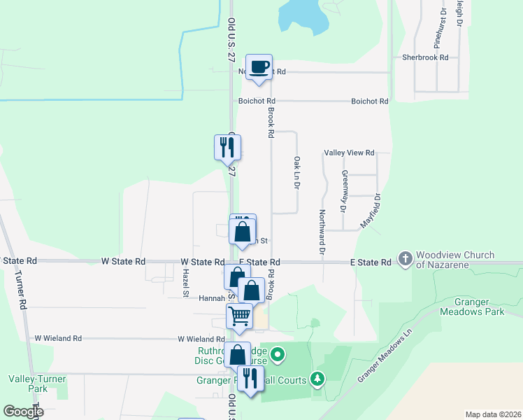 map of restaurants, bars, coffee shops, grocery stores, and more near 1121 Ralph Street in Lansing
