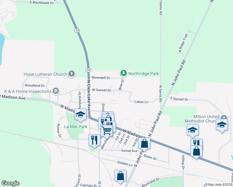 map of restaurants, bars, coffee shops, grocery stores, and more near 575 West Sunset Drive in Milton