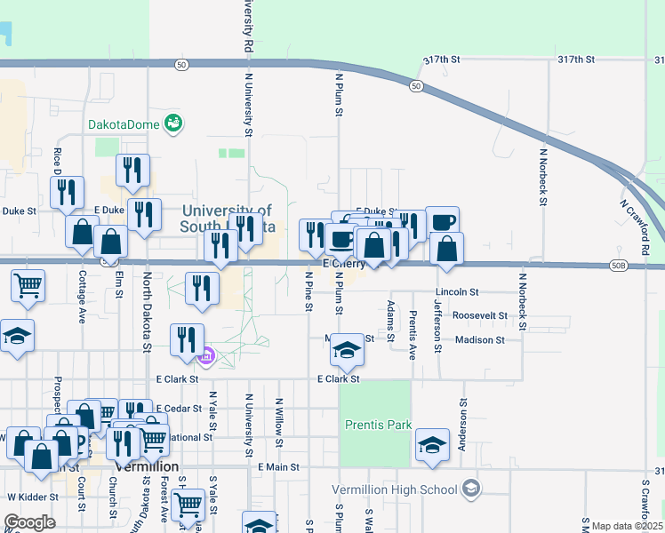 map of restaurants, bars, coffee shops, grocery stores, and more near 723 East Cherry Street in Vermillion