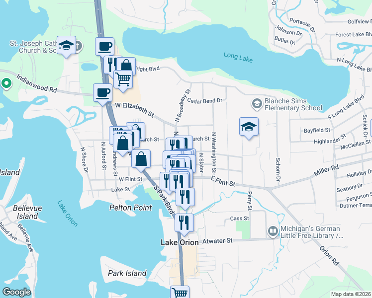 map of restaurants, bars, coffee shops, grocery stores, and more near 148 North Broadway Street in Orion charter Township