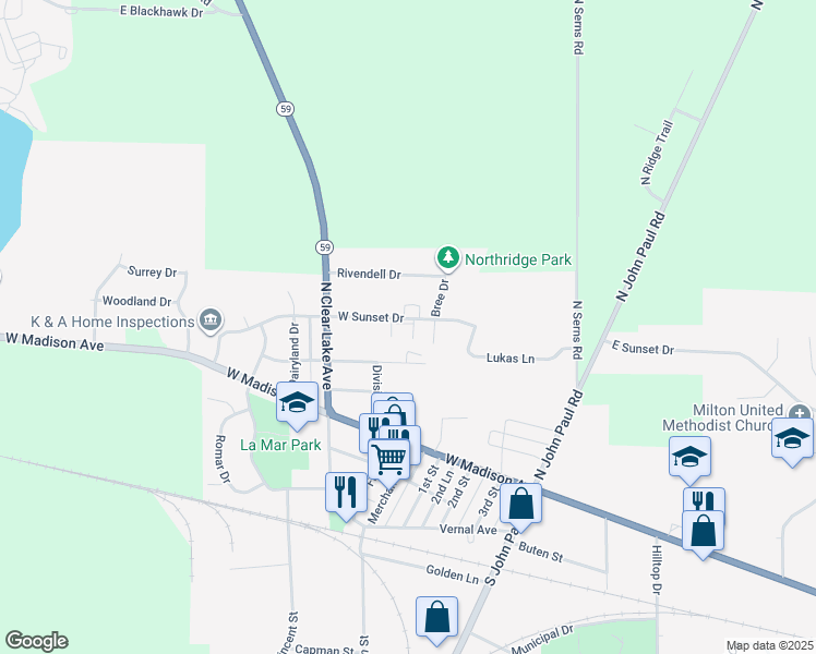 map of restaurants, bars, coffee shops, grocery stores, and more near 575 West Sunset Drive in Milton