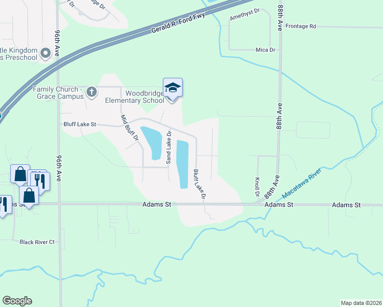 map of restaurants, bars, coffee shops, grocery stores, and more near 943 Bluff Lake Drive in Zeeland