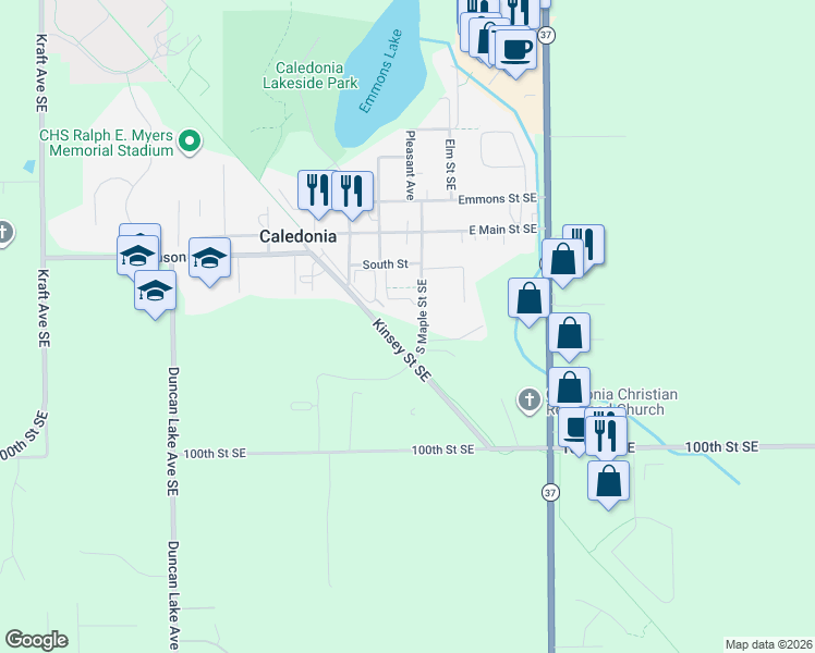map of restaurants, bars, coffee shops, grocery stores, and more near 250 South Maple Street Southeast in Caledonia