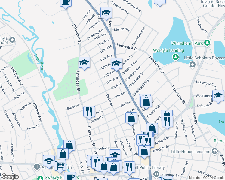 map of restaurants, bars, coffee shops, grocery stores, and more near 20 8th Avenue in Haverhill