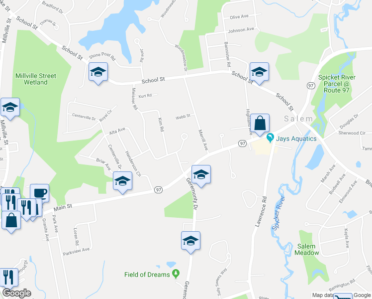 map of restaurants, bars, coffee shops, grocery stores, and more near 44 Meisner Road in Salem