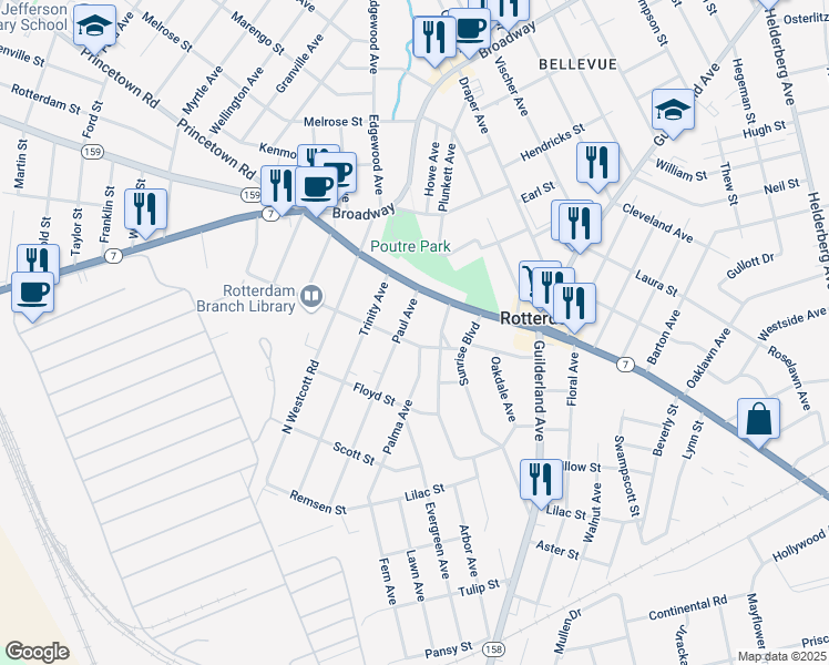map of restaurants, bars, coffee shops, grocery stores, and more near 1104 Vinewood Avenue in Rotterdam