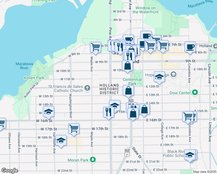 map of restaurants, bars, coffee shops, grocery stores, and more near 110 West 12th Street in Holland