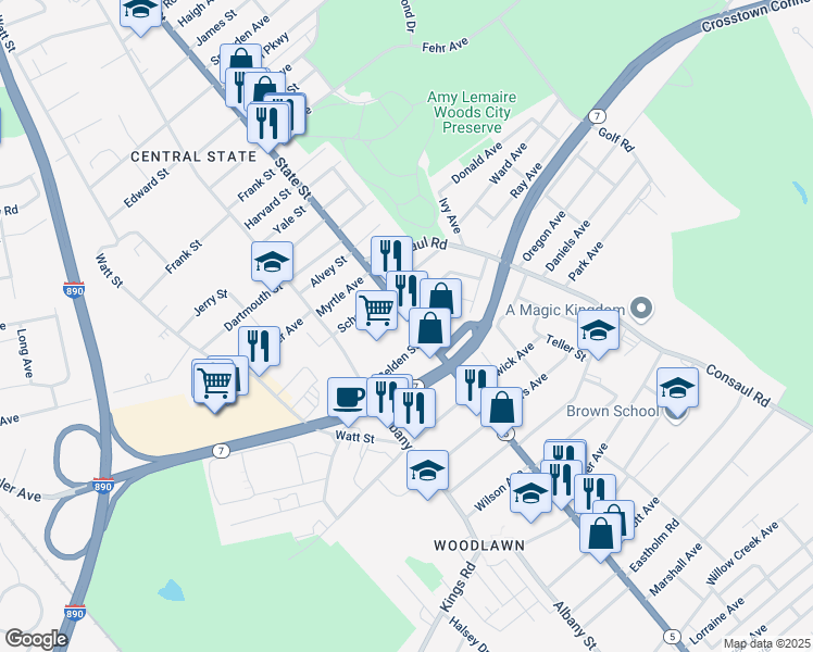 map of restaurants, bars, coffee shops, grocery stores, and more near 1592 State Street in Schenectady