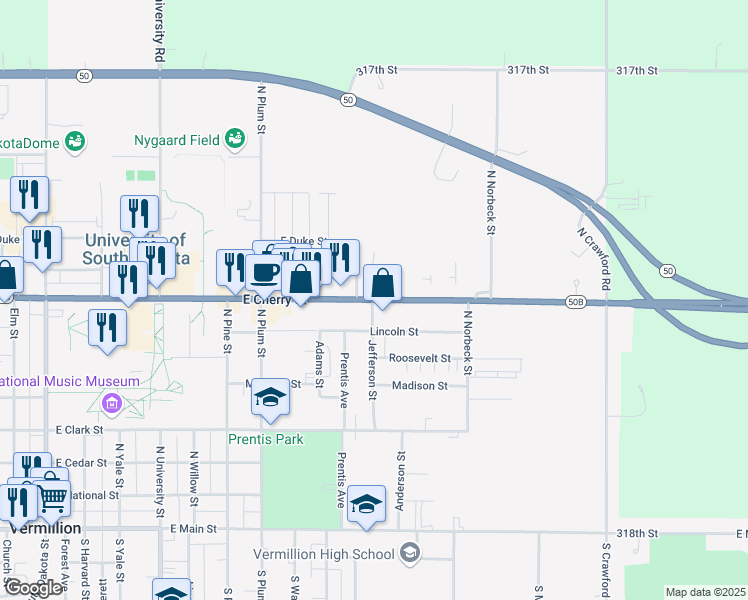map of restaurants, bars, coffee shops, grocery stores, and more near 699 Jefferson Street in Vermillion