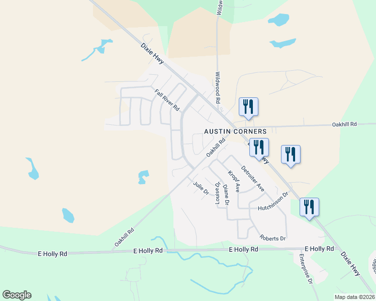 map of restaurants, bars, coffee shops, grocery stores, and more near 6551 Hunters Ridge in Holly