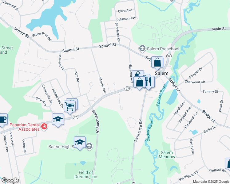 map of restaurants, bars, coffee shops, grocery stores, and more near 4 Wooded Knoll Lane in Salem
