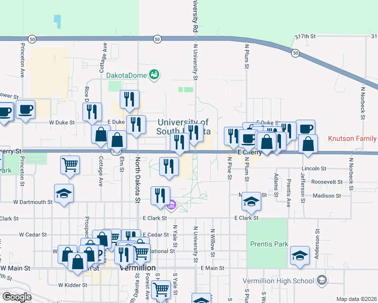map of restaurants, bars, coffee shops, grocery stores, and more near 426 East Cherry Street in Vermillion