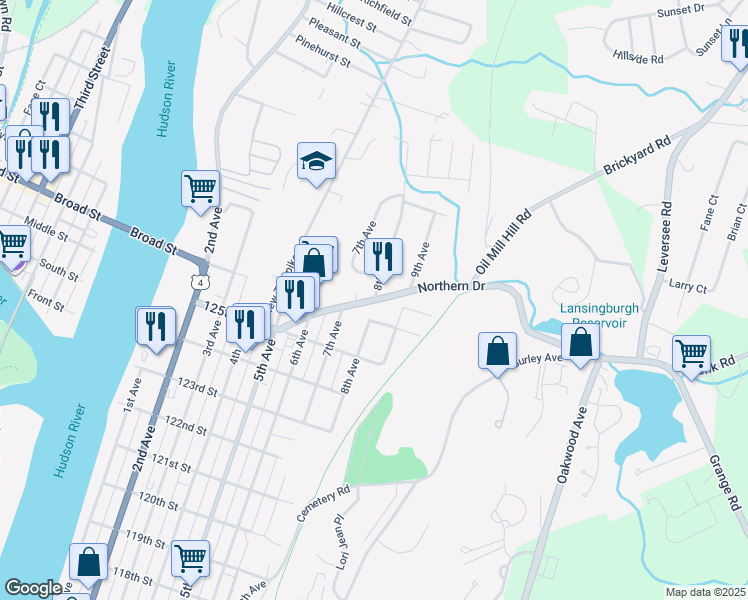 map of restaurants, bars, coffee shops, grocery stores, and more near Northern Drive & 8th Avenue in Troy