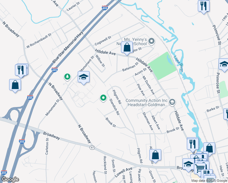 map of restaurants, bars, coffee shops, grocery stores, and more near 179 Pilgrim Road in Haverhill