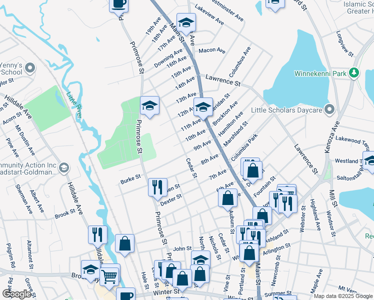 map of restaurants, bars, coffee shops, grocery stores, and more near 132 Cedar Street in Haverhill