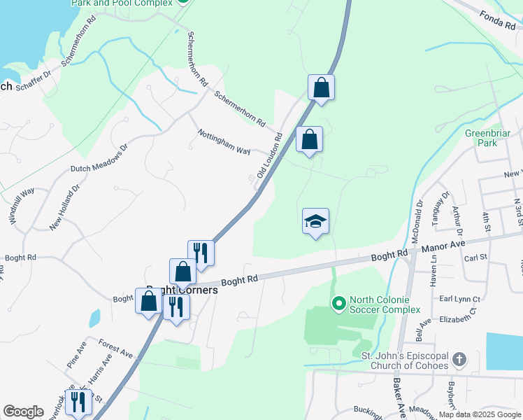 map of restaurants, bars, coffee shops, grocery stores, and more near 1129 Loudon Road in Cohoes