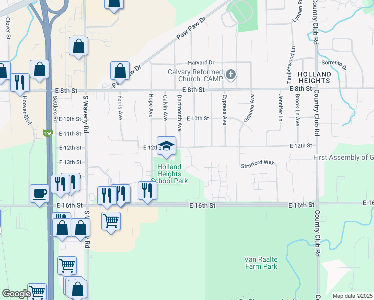 map of restaurants, bars, coffee shops, grocery stores, and more near 278 Calvin Avenue in Holland