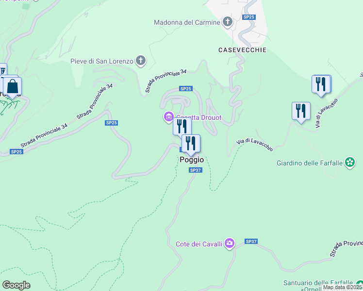 map of restaurants, bars, coffee shops, grocery stores, and more near 17 Via della Fontanella in Poggio