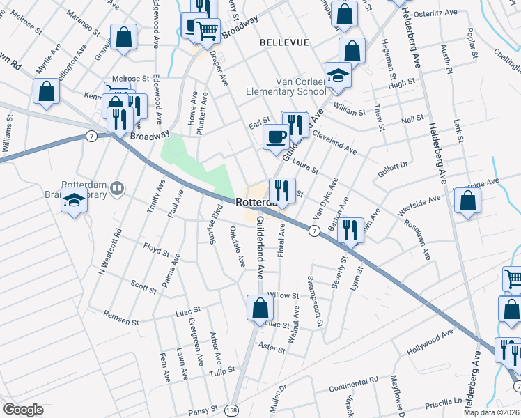 map of restaurants, bars, coffee shops, grocery stores, and more near Curry Road & Guilderland Avenue in Schenectady