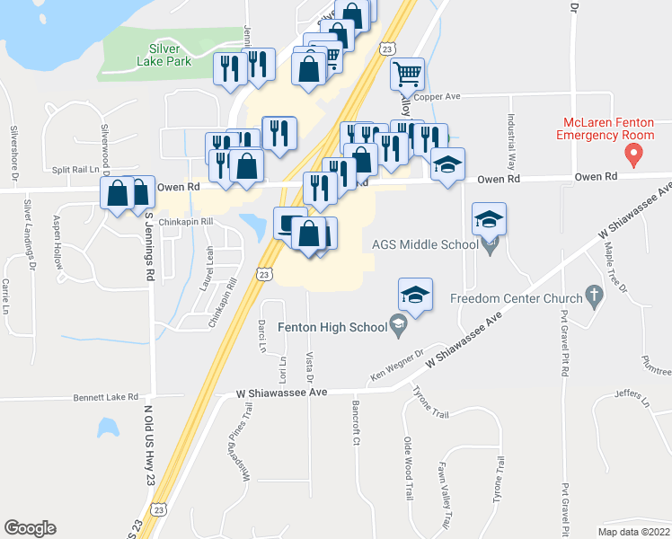 map of restaurants, bars, coffee shops, grocery stores, and more near 3255 Owen Road in Fenton