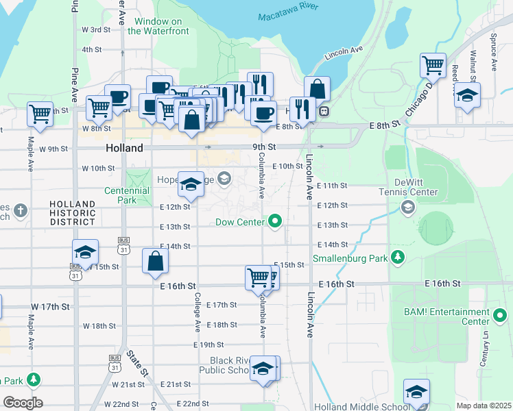 map of restaurants, bars, coffee shops, grocery stores, and more near in Holland